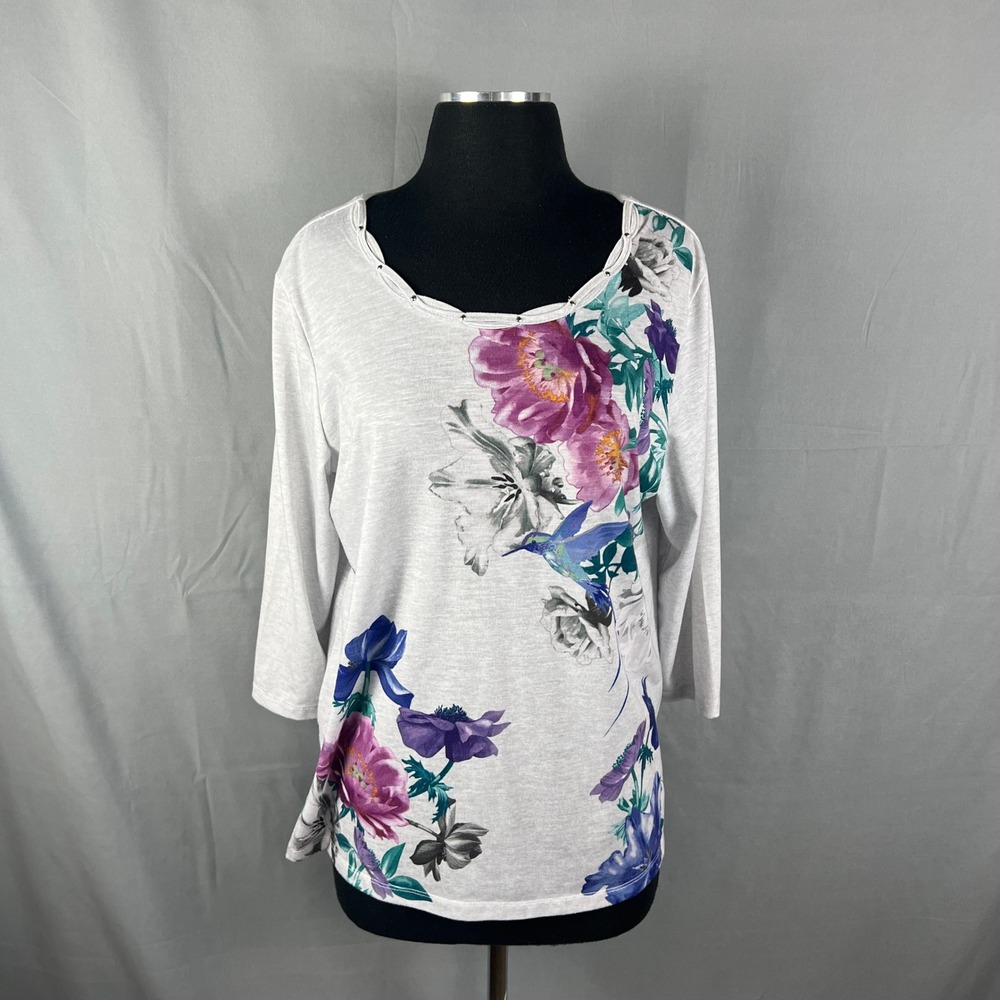 Alfred Dunner Blouse Top Womens Medium Gray Floral Hummingbird Quarter Sleeve